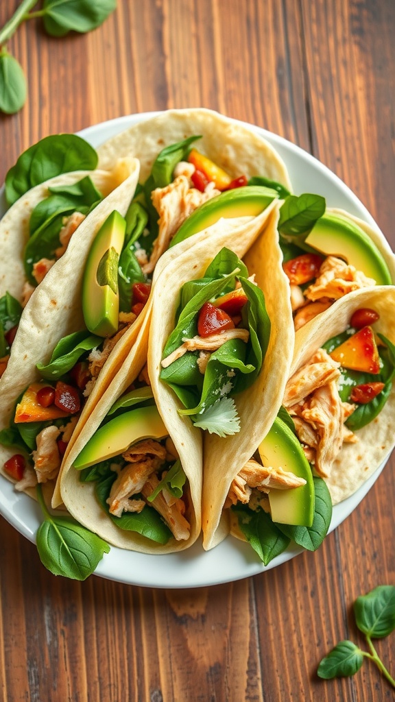 Colorful spinach tortilla wraps filled with fresh vegetables and protein, served on a rustic wooden table.